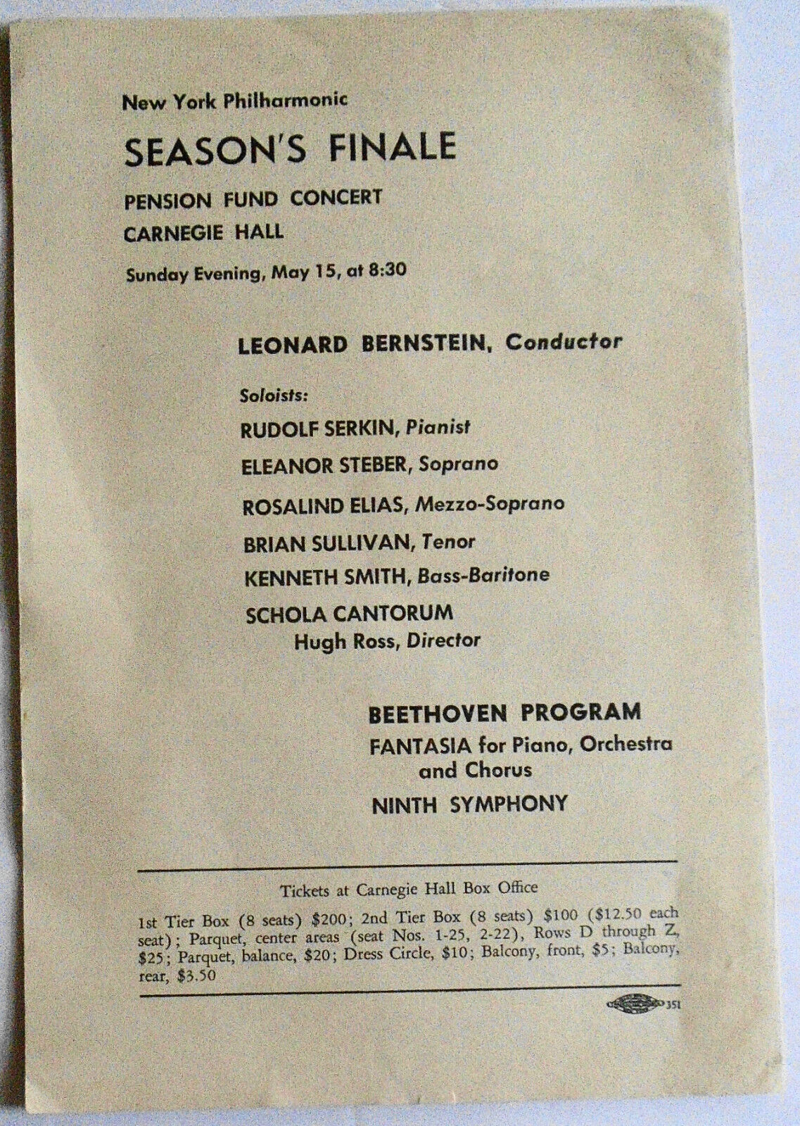 Leonard Bernstein, 3 Programs NY Philharmonic Carnegie Hall 1960 Spring Festival
