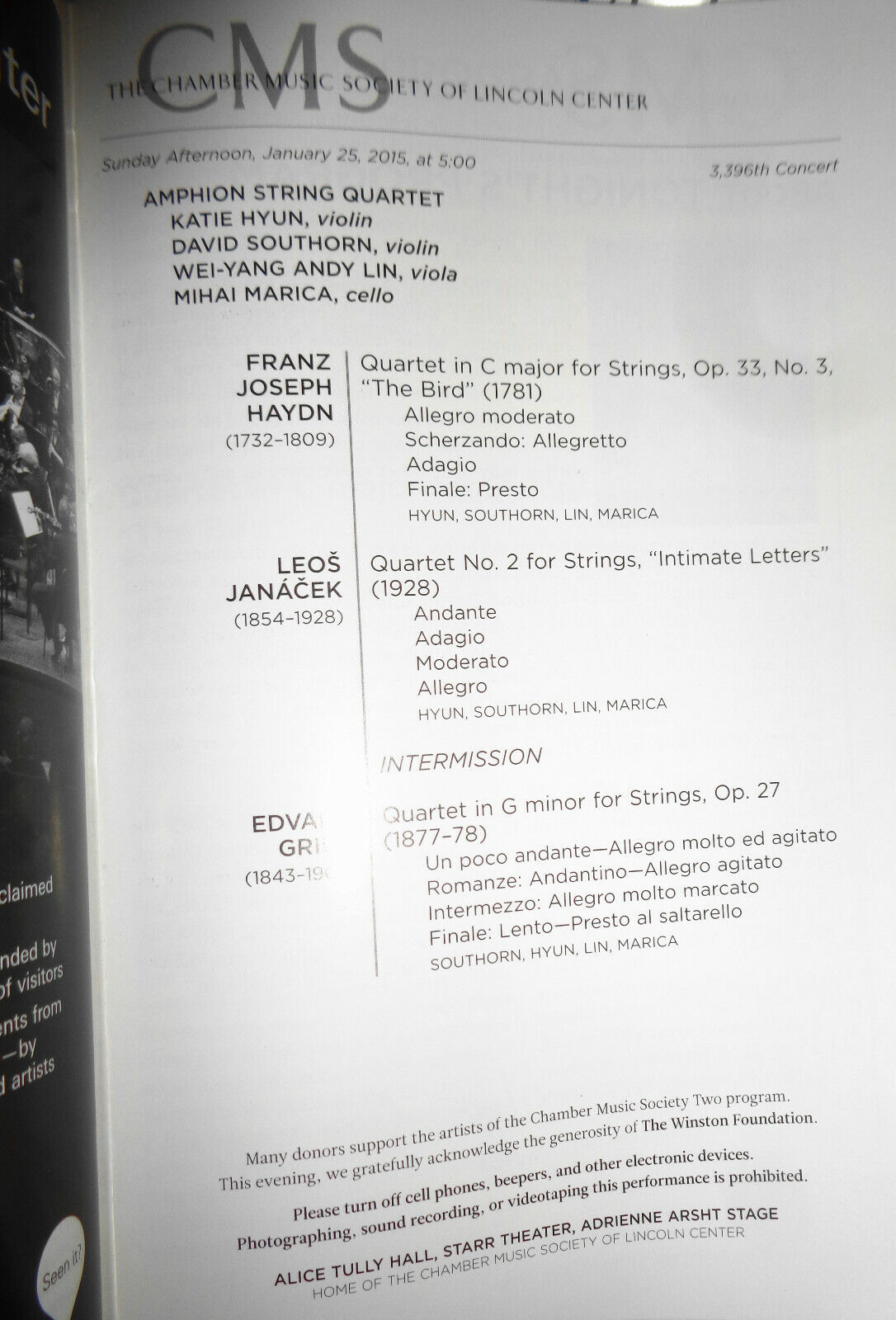 9 Chamber Music Sociery Playbills lot, 2014-15 Lincoln Center, NYC