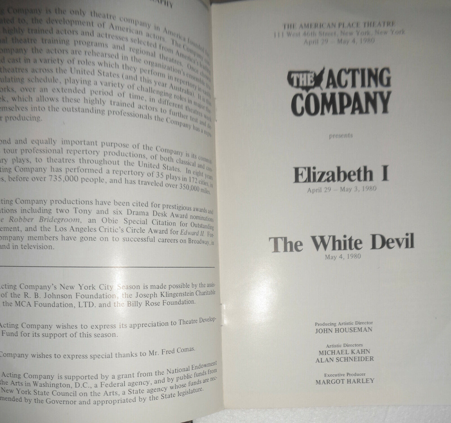 ELIZABETH I   /  THE WHITE DEVIL - PROGRAM - 1980 AMERICAN PLACE THEATRE, NYC