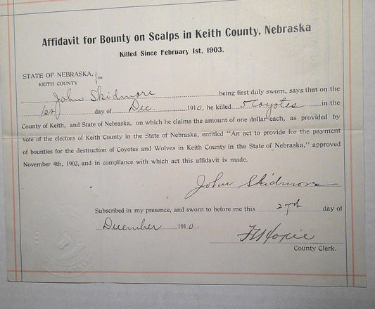 1910 Affidavit for Bounty on Scalps in Keith County, Nebraska.  [5 coyotes].