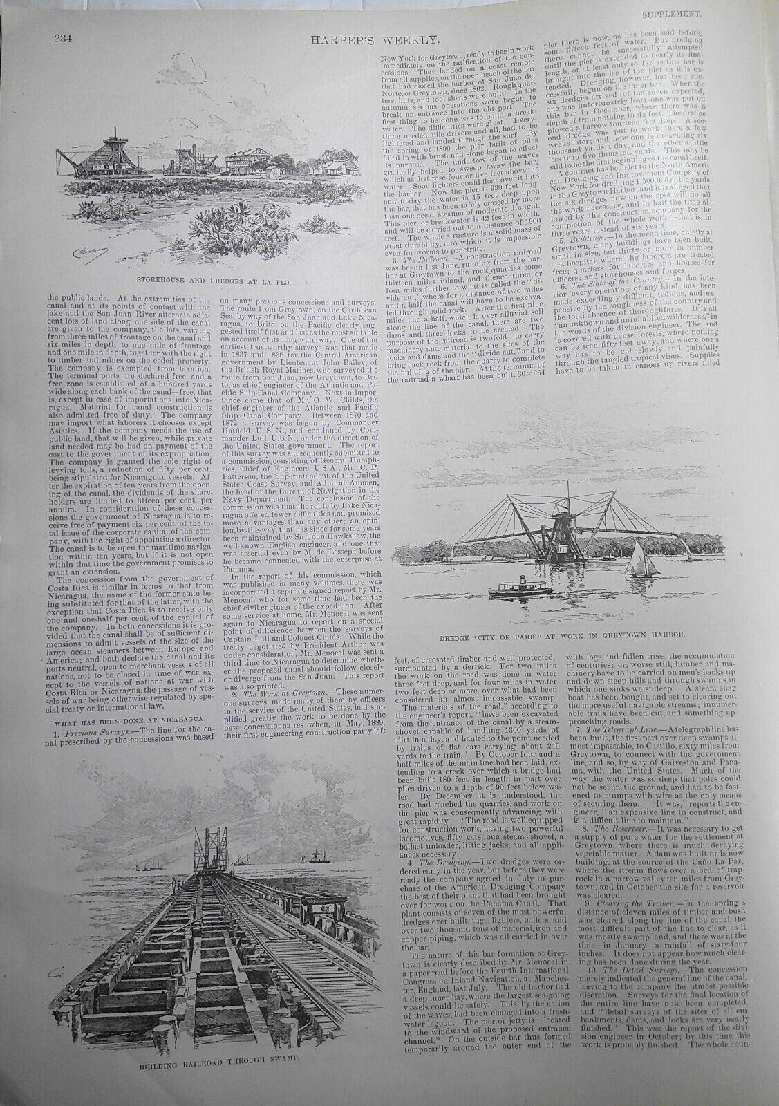 The Nicaragua Canal - Harper's Weekly, March 28, 1891 Supplement. Map & prints