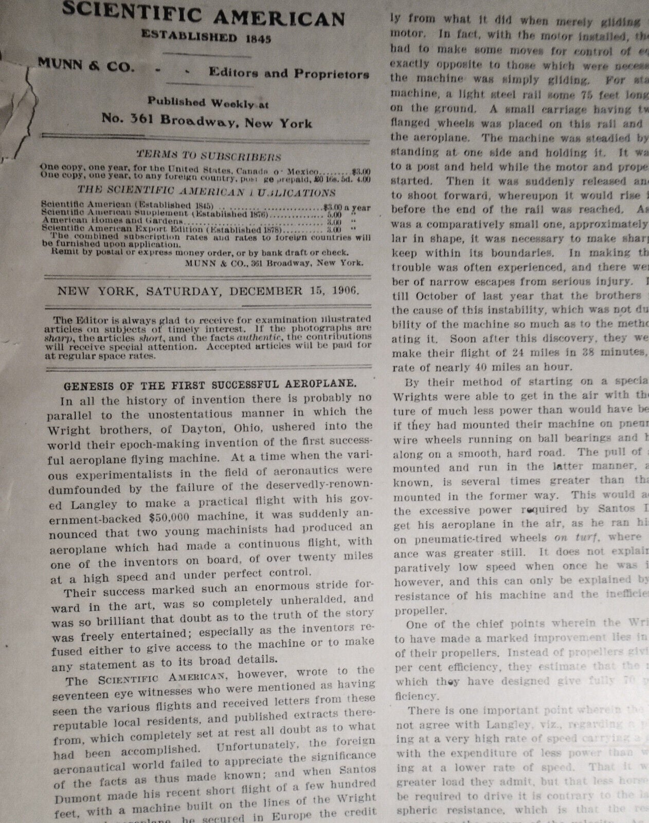 Scientific American December 15, 1906 - First Successful Aeroplane (Wright), etc