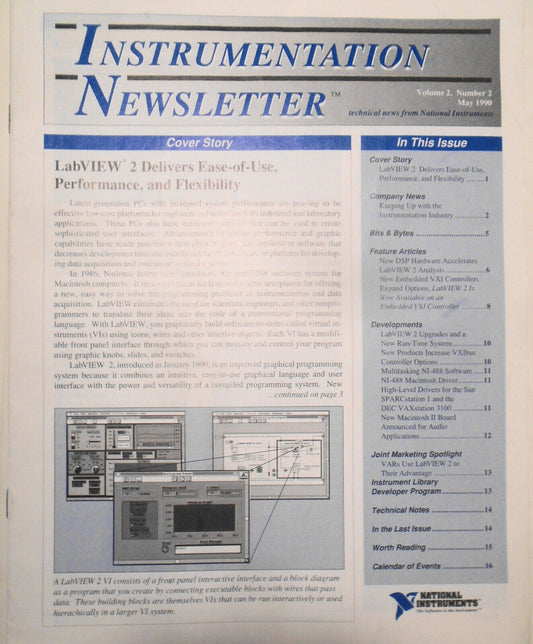 Instrumentation Newsletter, by National Instruments -  May 1990. LabVIEW 2, etc.