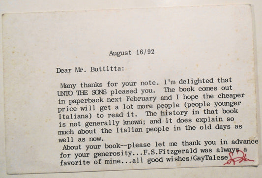 Gay Talese signed postcard to fellow author Tony Buttitta. 1992
