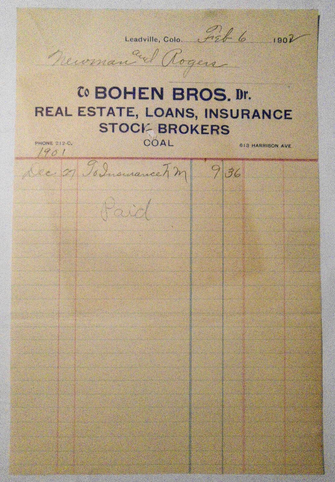 1902 billhead Bohen Bros. Real Estate, Loans, Insurance, Stocks .. Leadville, CO