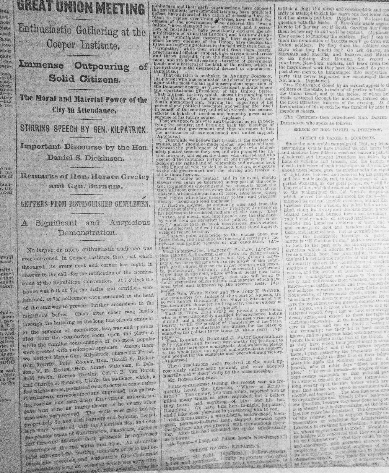 The New York Times, October 21, 1865 - Speeches at Cooper Union: Horace Greeley