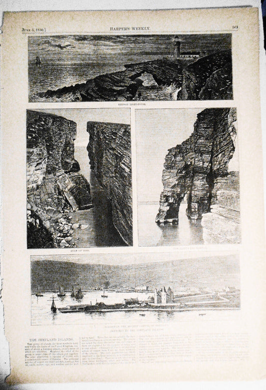 Sketches in Shetland Islands - HW 1880 - Original - Lighthouse, Scalloway, etc