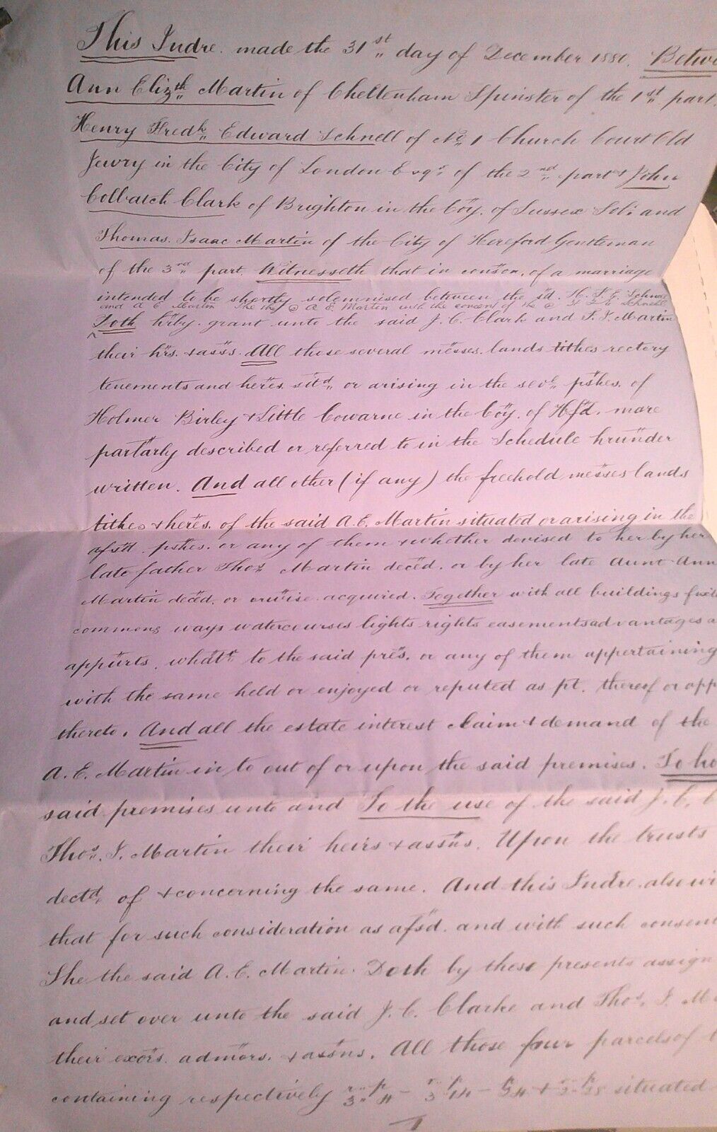 1880 Conveyance of Hereditaments Hereford, England. Miss A E Martin to Colbatch