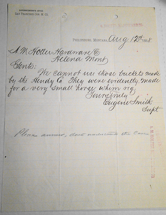 1888 Letter - San Francisco Consolidated Mining Co., Philipsburg MT