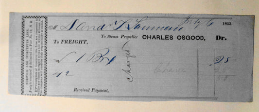1853 Freight Bill - Steam Propeller "Charles Osgood", Norwich & Worcester Line