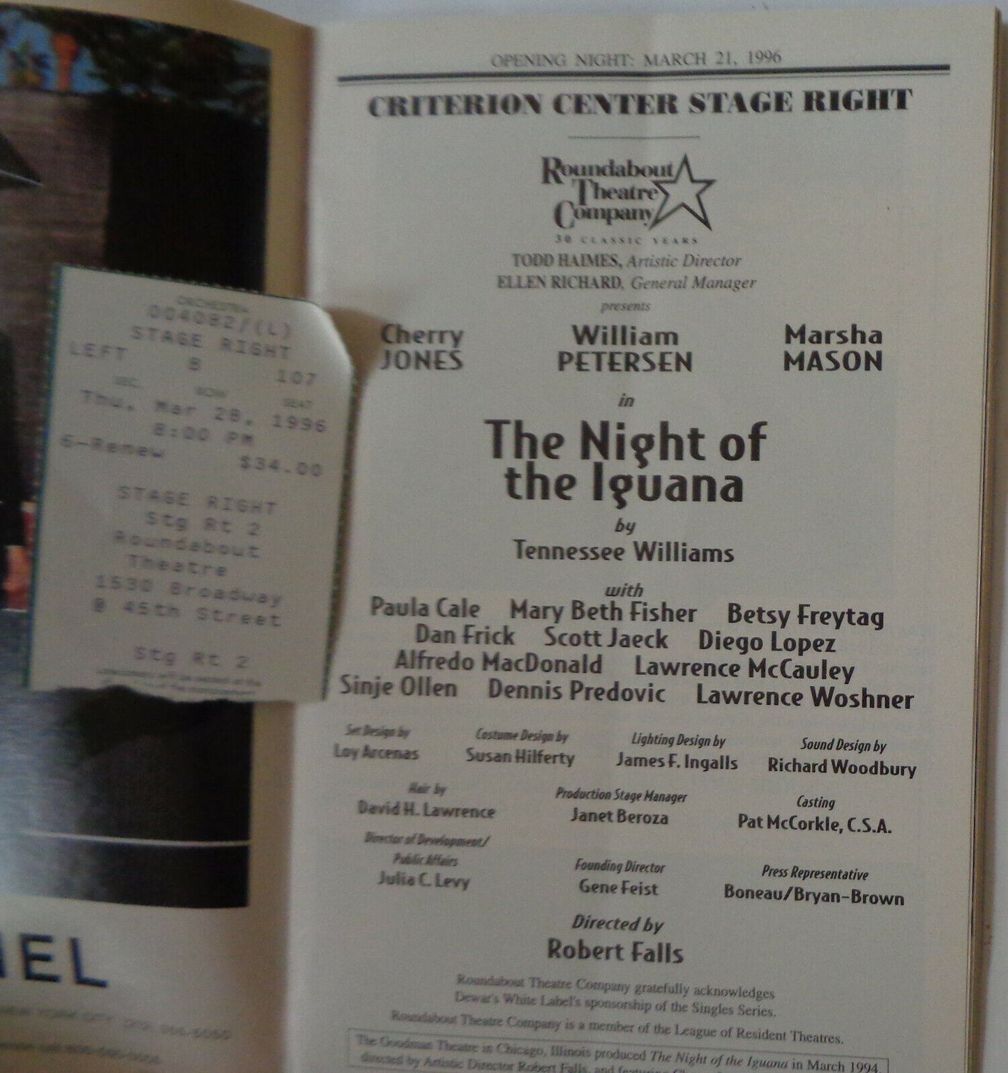 THE NIGHT OF THE IGUANA - PLAYBILL - OPENING NIGHT: MARCH 21 1996