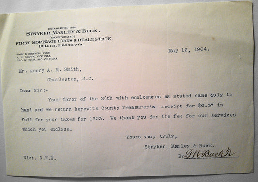 Stryker, Manley & Buck Mortgage Loans & Real Estate, Duluth Minnesota Letter