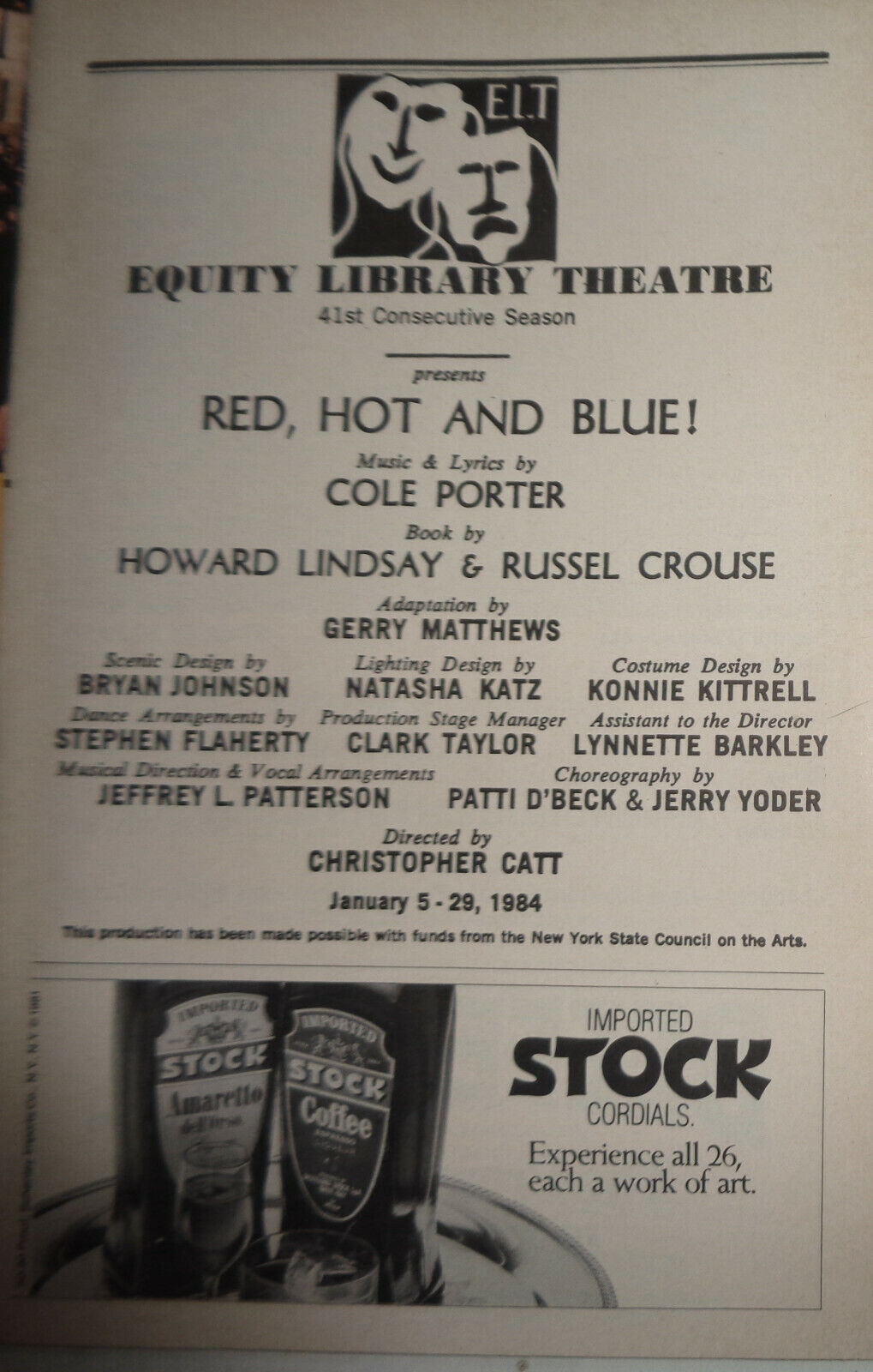 RED HOT AND BLUE! - SHOWBILL - JAN 5-29, 1984 EQUITY LIBRARY THEATRE, NYC