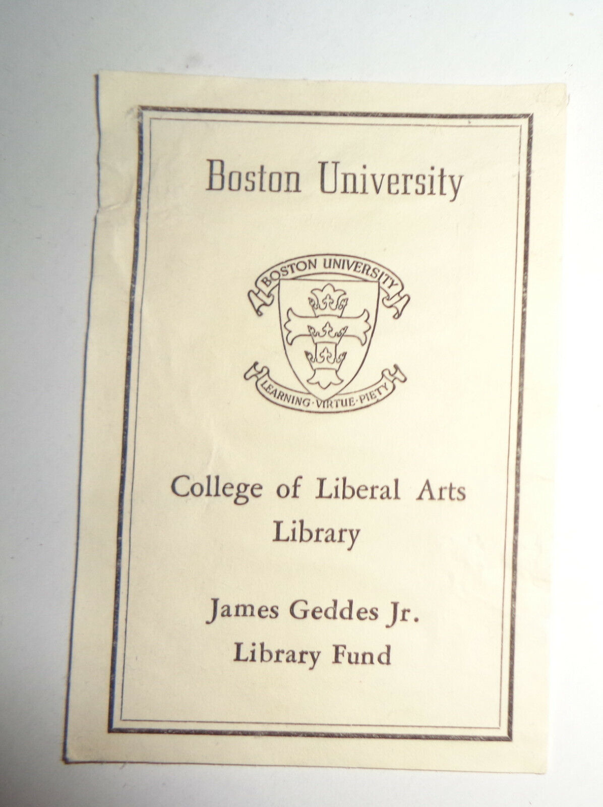 Boston University College of Liberal Arts Library Bookplate - James Geddes Jr