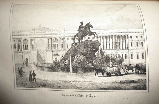 1840 S. Petersburgo - Monumento de Pedro 1 y Senado - original engraving