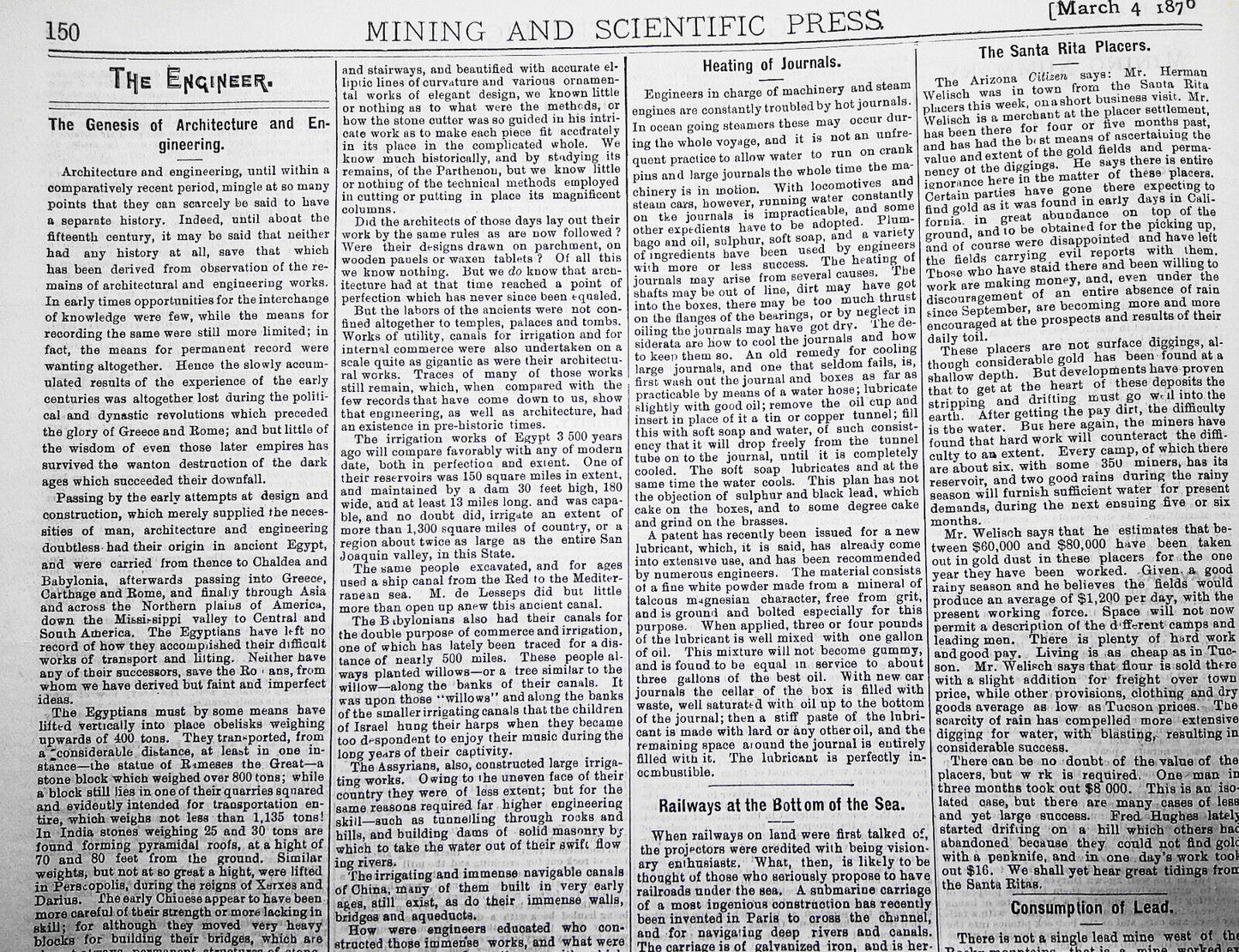 Mining and Scientific Press, March 4, 1876. Bonanza Mines; Bigelow Engine; etc