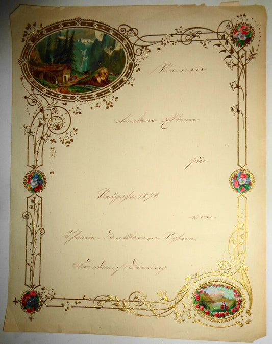 1876 Ornate hand-written embossed chromolithograph Christmas Greeting