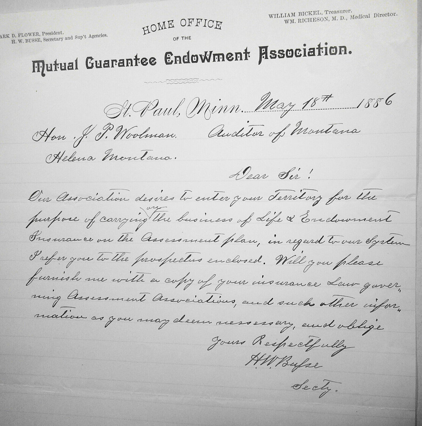 1886 Mutual Guarantee Endowment Association, St. Paul, MN letter