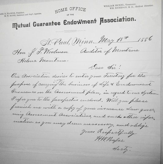 1886 Mutual Guarantee Endowment Association, St. Paul, MN letter