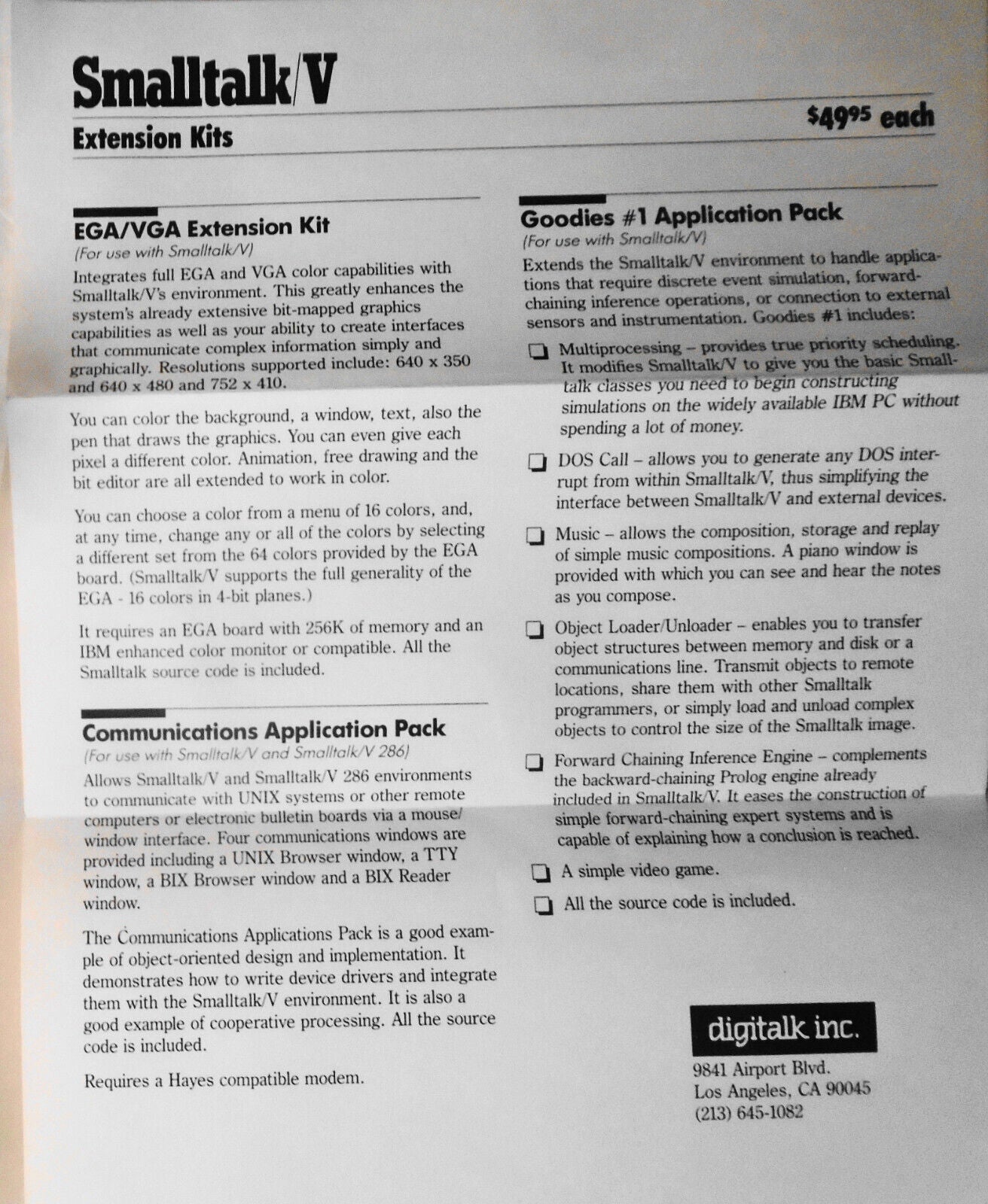 Smalltalk V by Digitalk, Inc. - 4 original promo flyers, [1988]