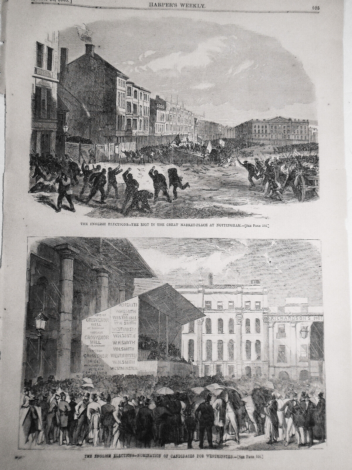 1865 The English Elections - 2 prints: Riot in Marketplace & Nominations