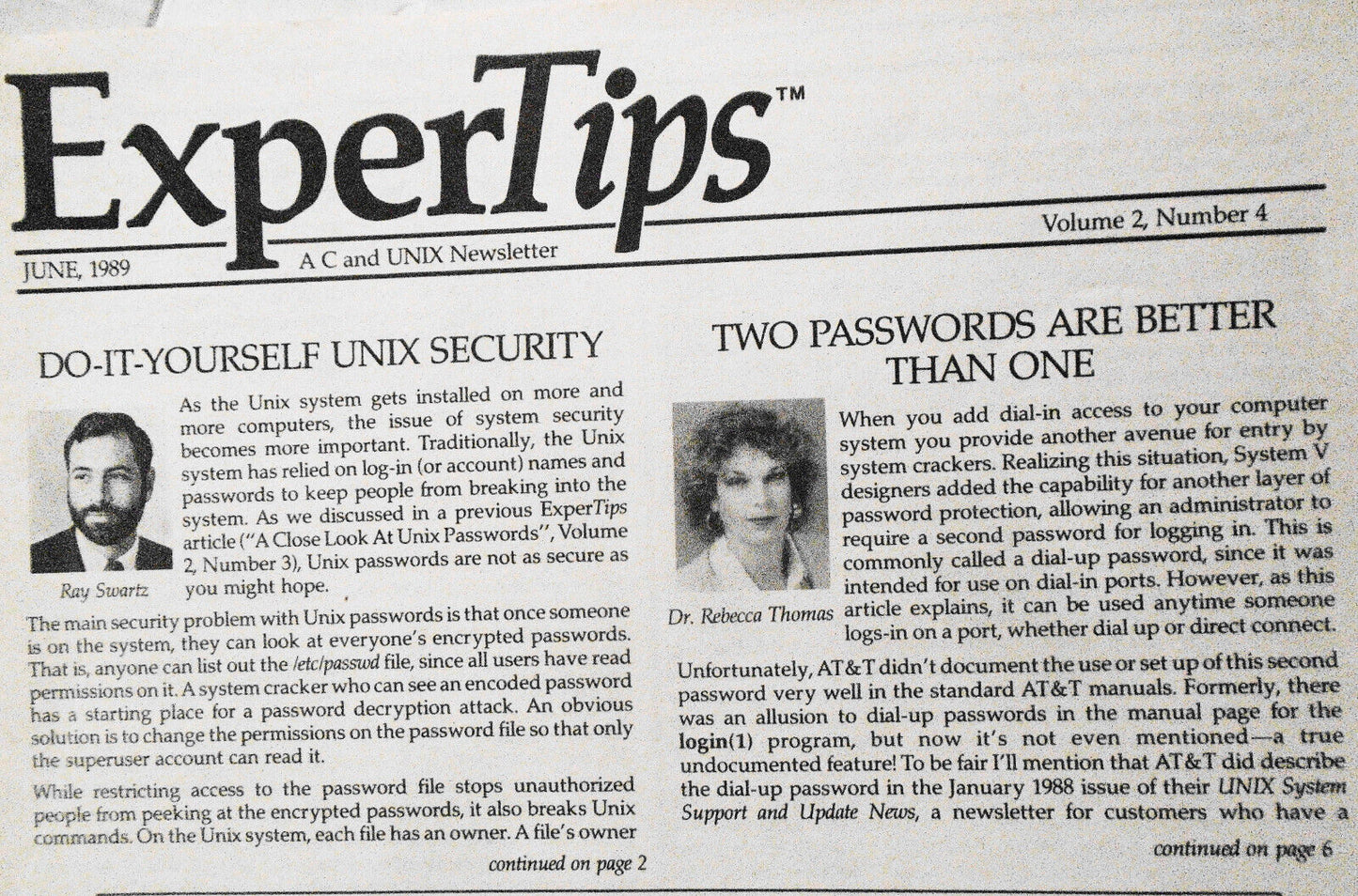 ExperTips, June 1989 -- A C and UNIX Newsletter -- Do-it Yourself UNIX Security