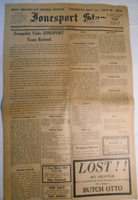 Jonesport Star, April 21, 1930 -  Evangelist visit, etc