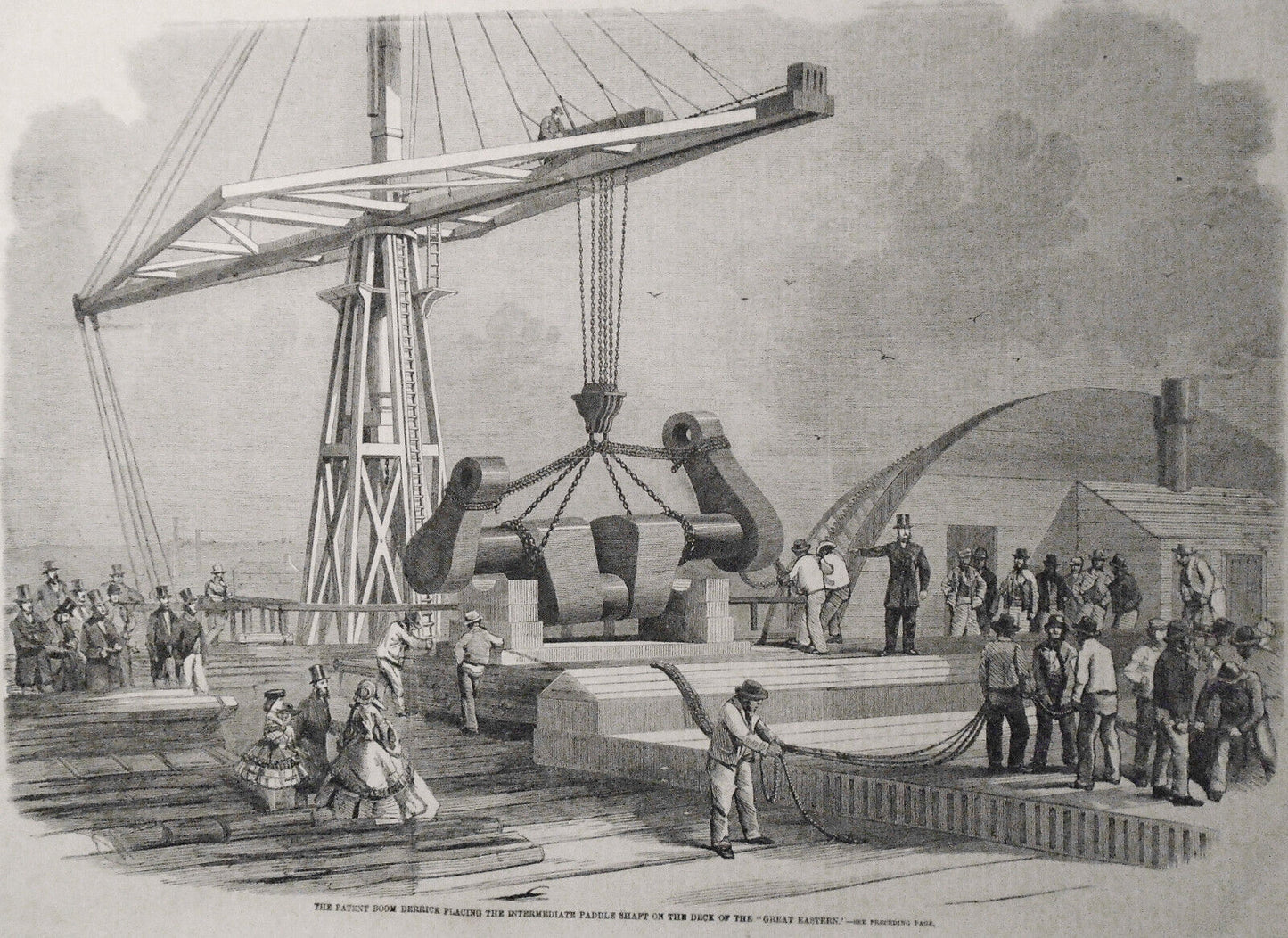 1859  Patent Boom Derrick Placing the Paddle Shaft On Deck of "Great Eastern"