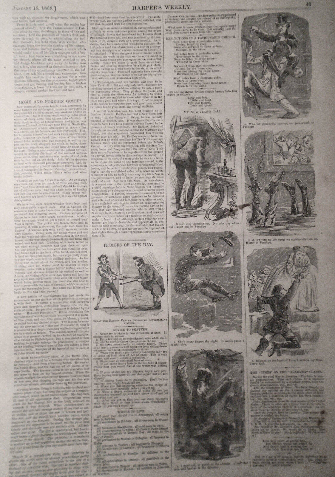Harper's Weekly Jan 18, 1868 - Original - Clerkenwell Prison Explosion; Icebergs