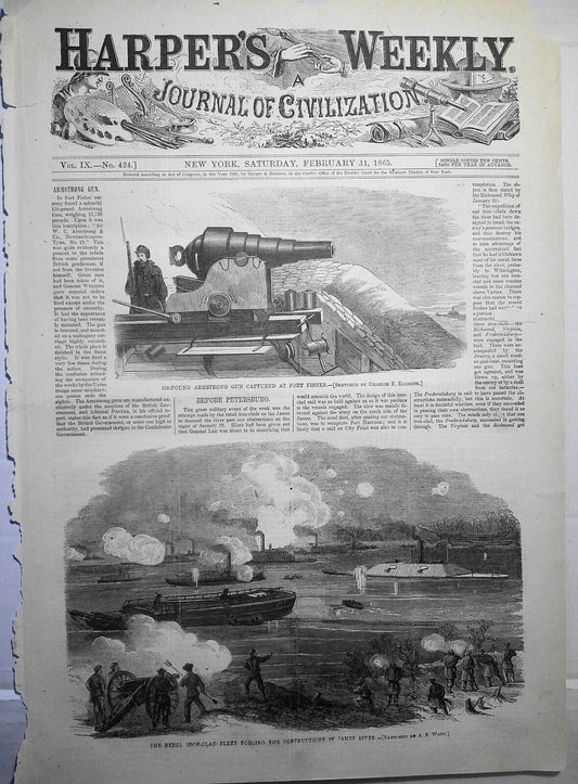 Armstrong Gun & Rebel Iron-clad Fleet  - Harper's Weekly  February 11, 1865