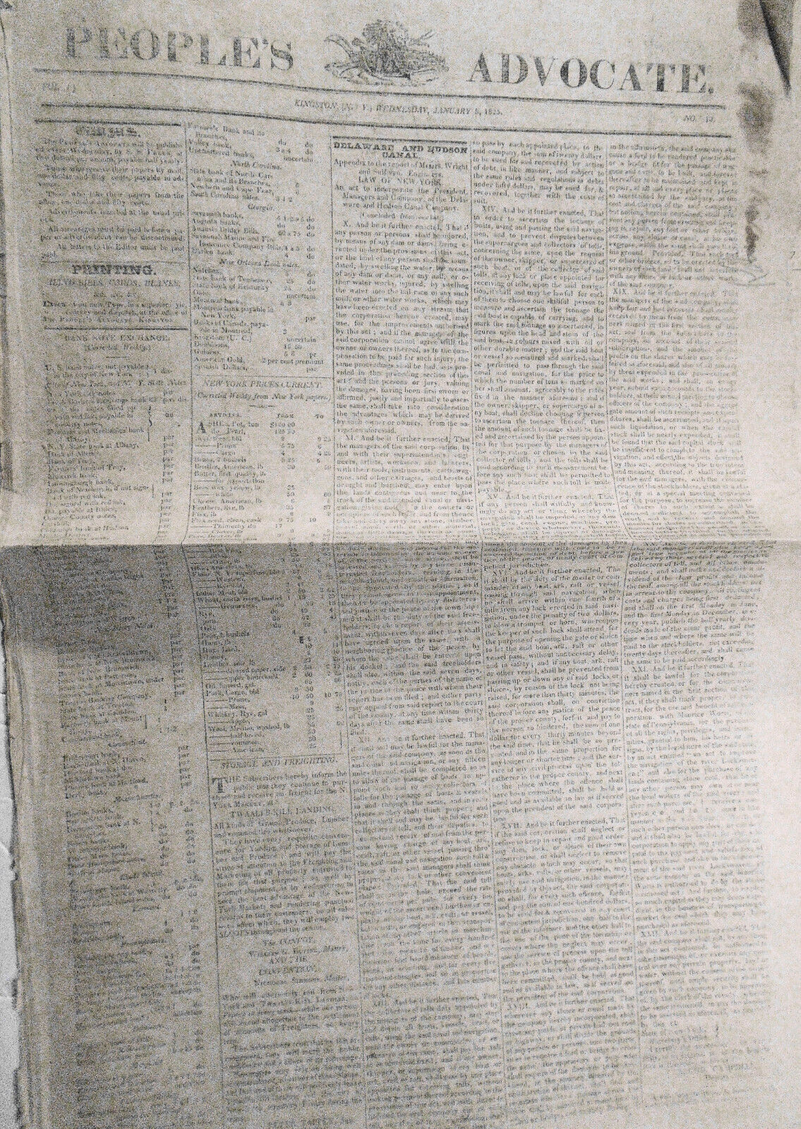 People's Advocate, January 5, 1825 - Kingston (N.Y.) - Gov DeWitt Clinton's copy