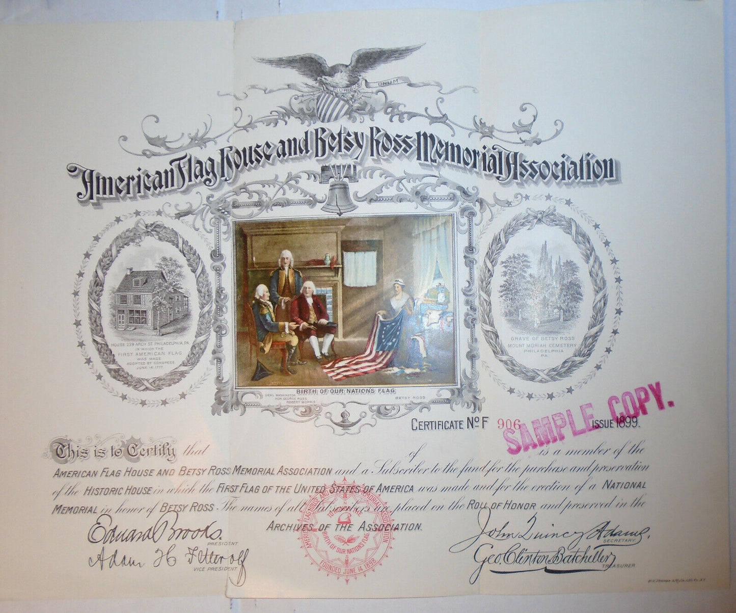 American Flag House & Betsy Ross Memorial Association 1899 - Sample Certificate