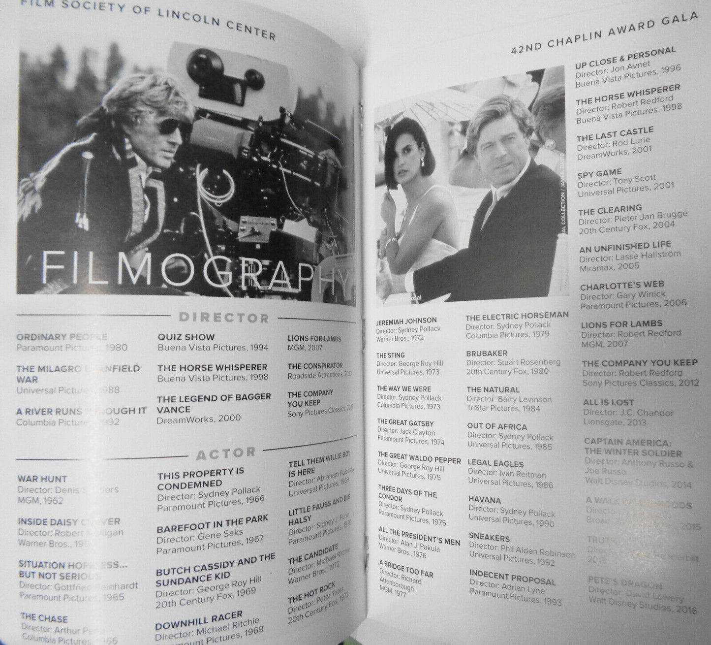 Honoring Robert Redford Playbill, Film Society Lincoln Center Chaplin Award 2015