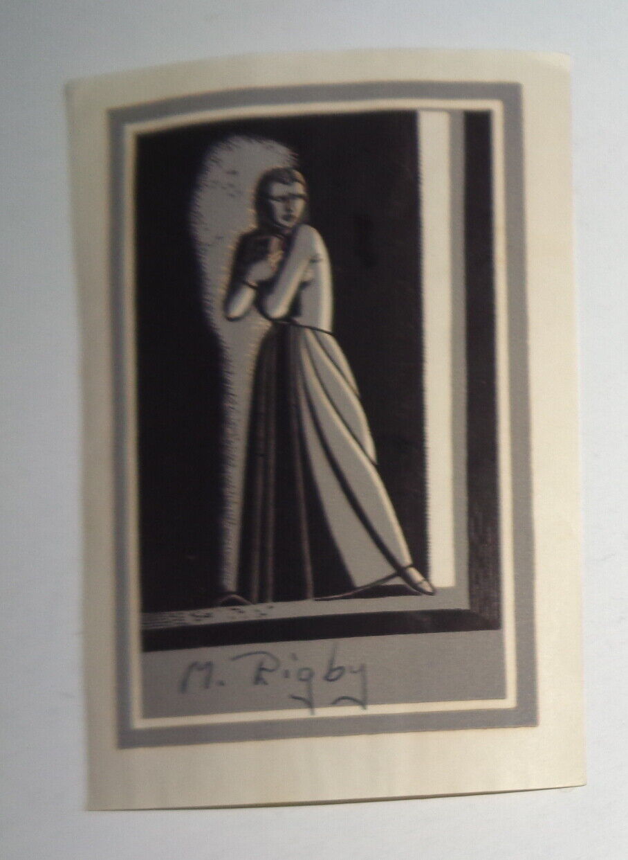 M. Rigby Ex Libris Bookplate by Rockwell Kent. Woman clutching book