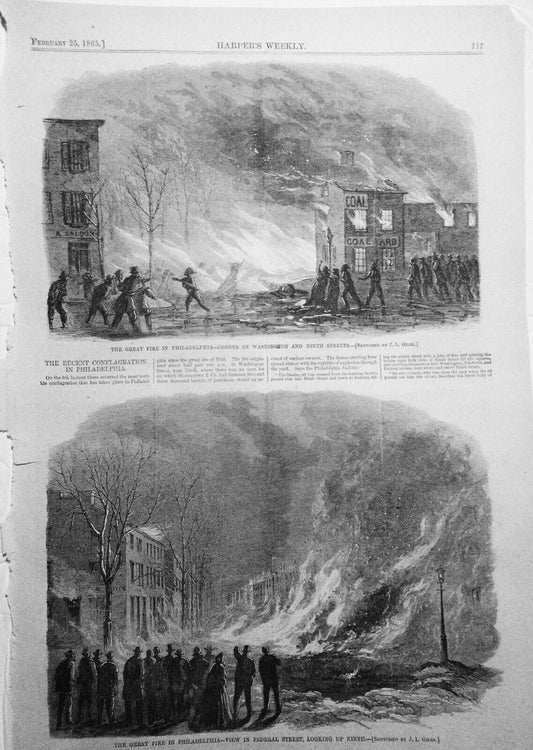 The Great Fire in Philadelphia -  Harper's Weekly, February 25, 1865 - 2 prints