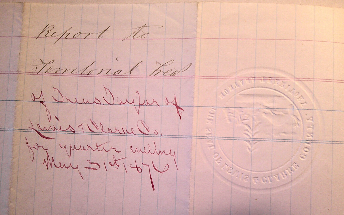 1876 Report to Territorial Treasurer, Lewis and Clarke County Montana, with seal