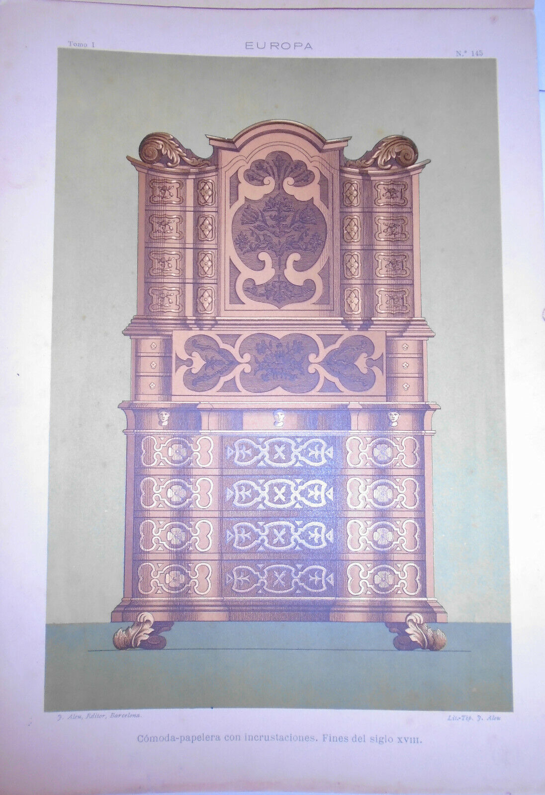 EUROPA - 4 antique furniture lithographs circa 1890 by J. Aleu, Barcelona.