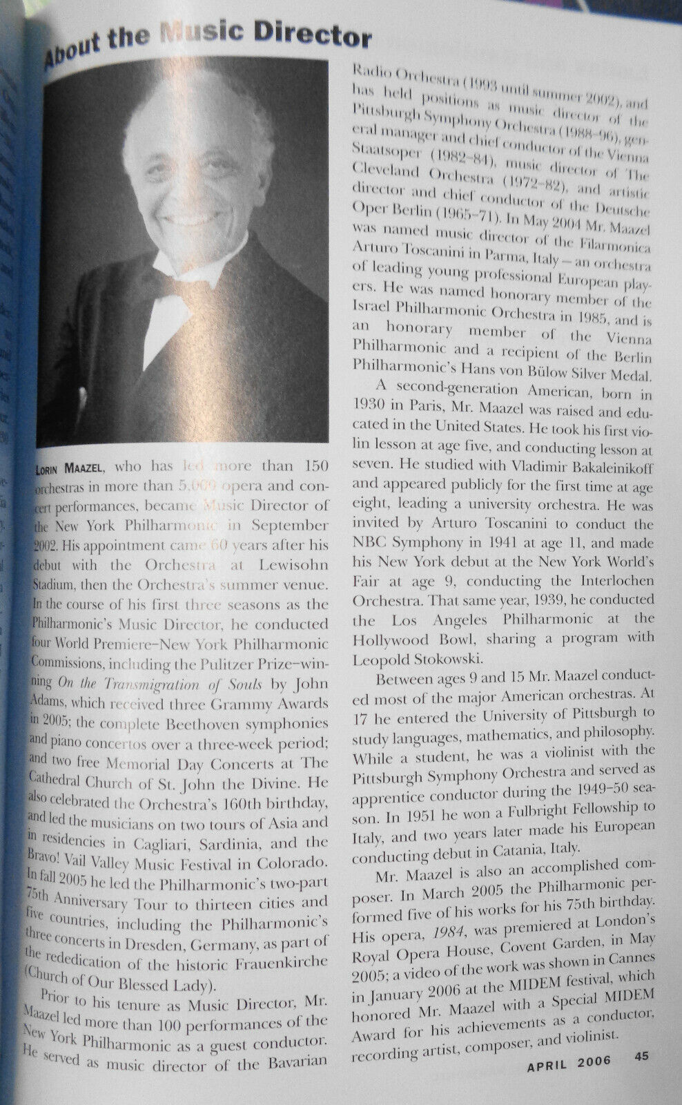MSTISLAV ROSTROPOVICH, CONDUCTOR - NY PHILHARMONIC PLAYBILL, April 2006