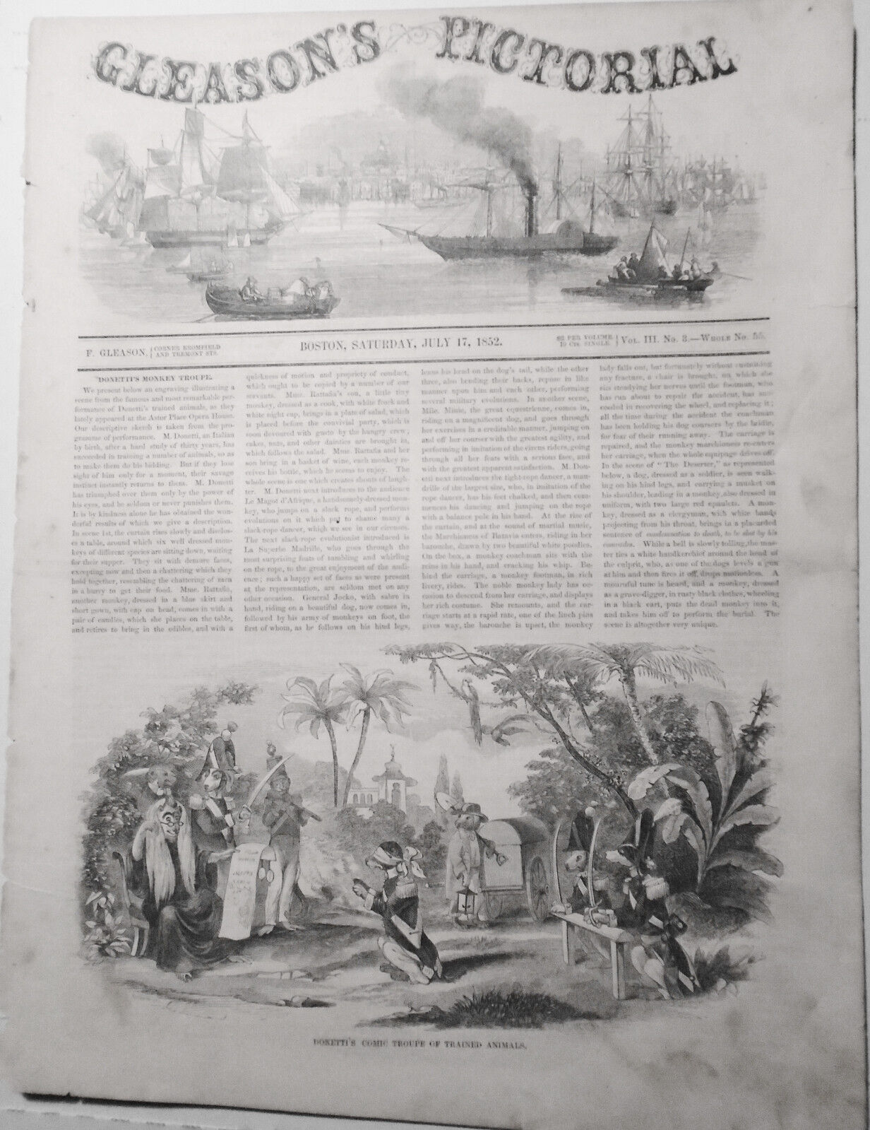 Donetti's Comic Troupe of Trained Animals - Gleason's Pictorial July 17, 1852
