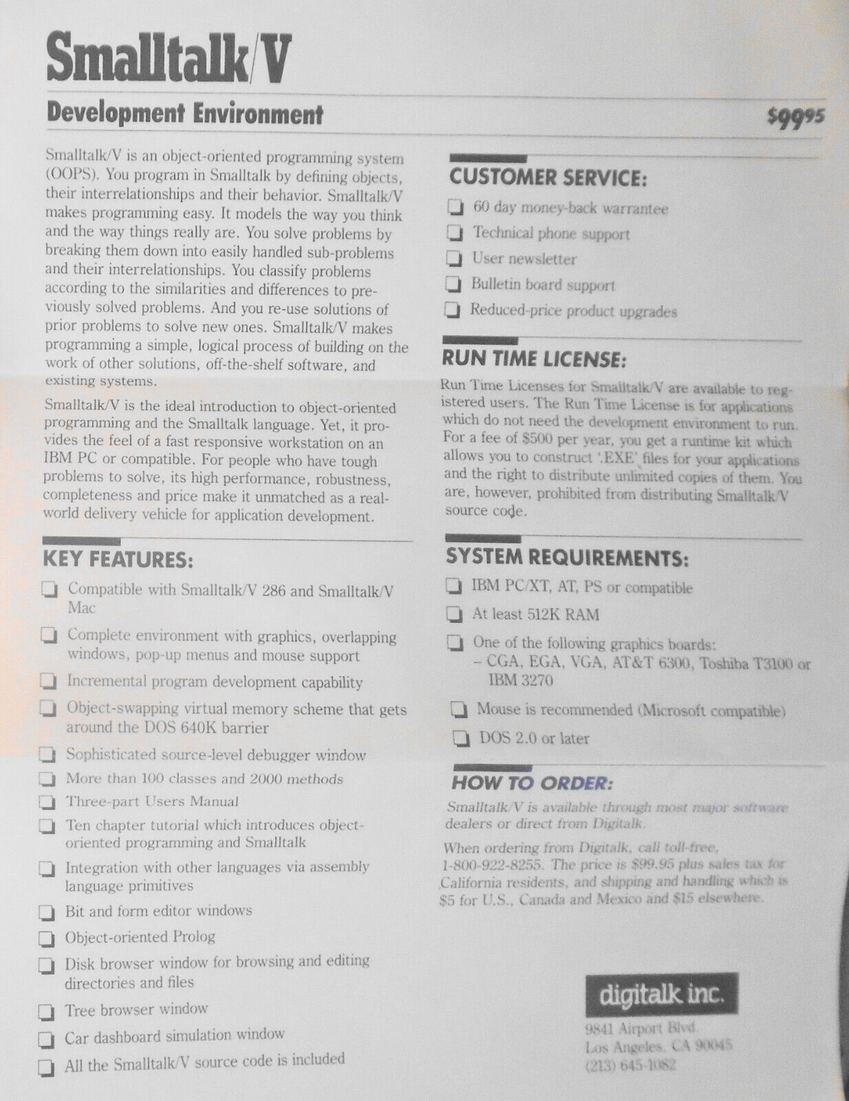 Smalltalk V by Digitalk, Inc. - 4 original promo flyers, [1988]