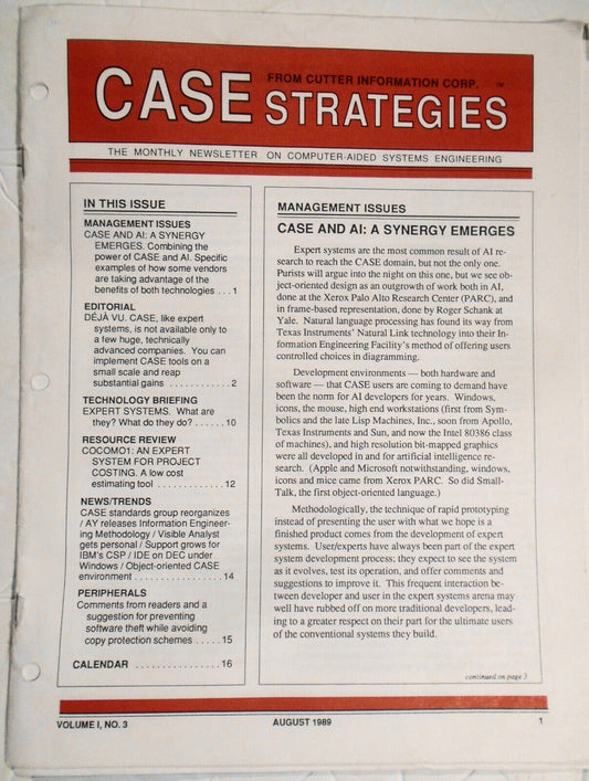 CASE Strategies, August 1989  - Newsletter on Computer Aided Systems Engineering