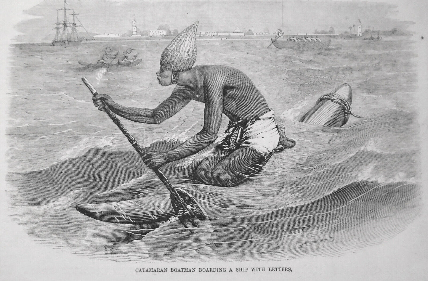 Letter carriers in India : Crossing a Torrent & Catamaran Boatman. 1858 2 prints