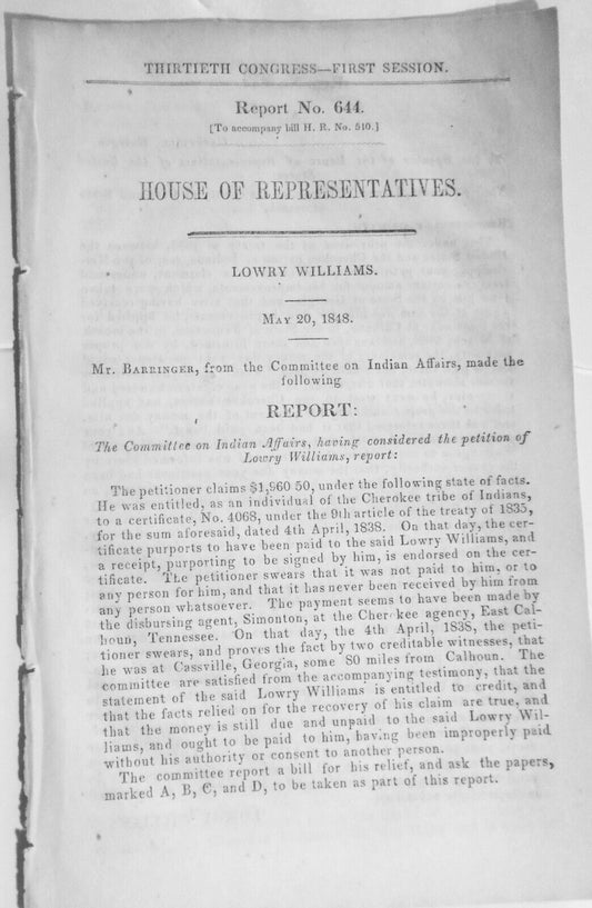 30th Congress 1848 Report, Cherokee petition re: funds not received under treaty