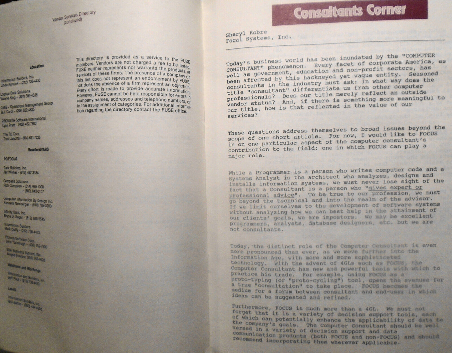 Fuseviews, Summer 1990. Focus Users Group publication by Fuse Inc.