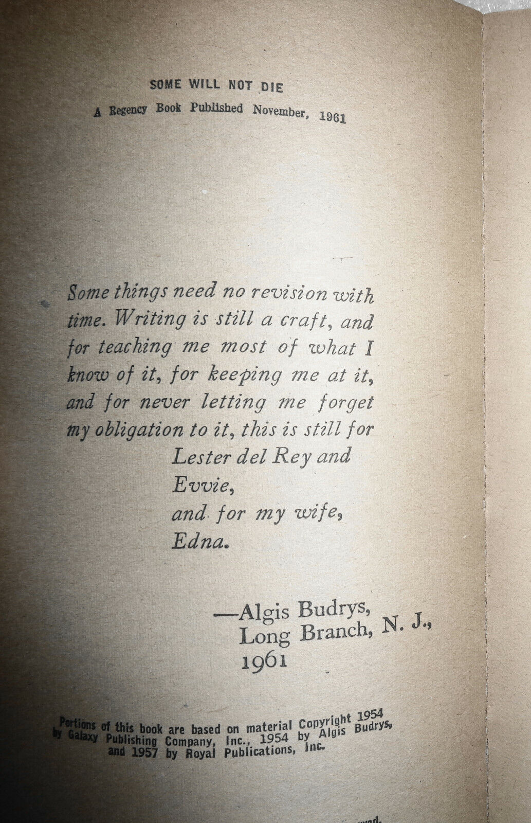 Some Will Not Die, by Algis Budrys. 1961 Regency Books, RB 110 Paperback 1st ed.