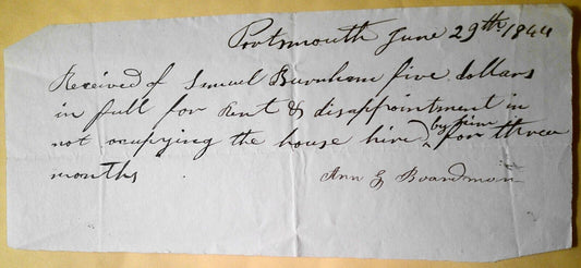 1844 Handwritten Portsmouth rent receipt to Ann G. Boardman