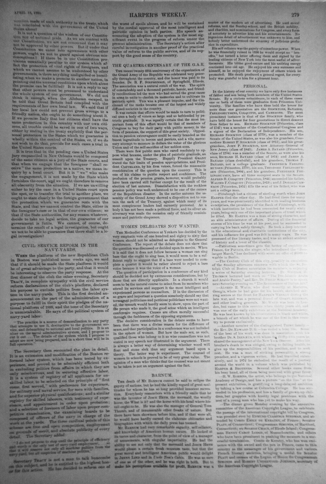 Harper's Weekly April 18, 1891 - P T Barnum death; Australia Life; Baby King etc