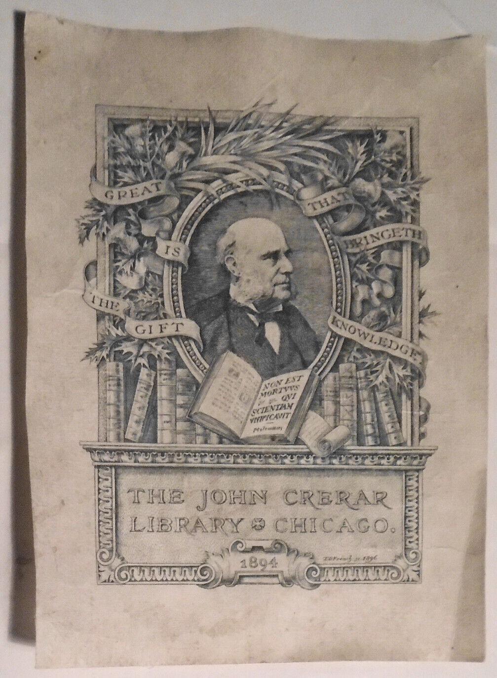 John Crerar Library, Chicago Ex-libris Bookplate, by E. D. French. 1896