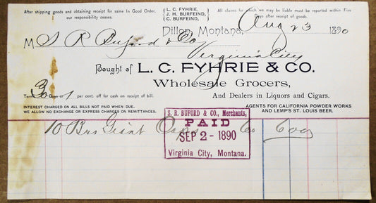 1890 L. C. Fyhrie & Co, Wholesalers, Dillon Montana - Bill to S. R. Buford & Co.