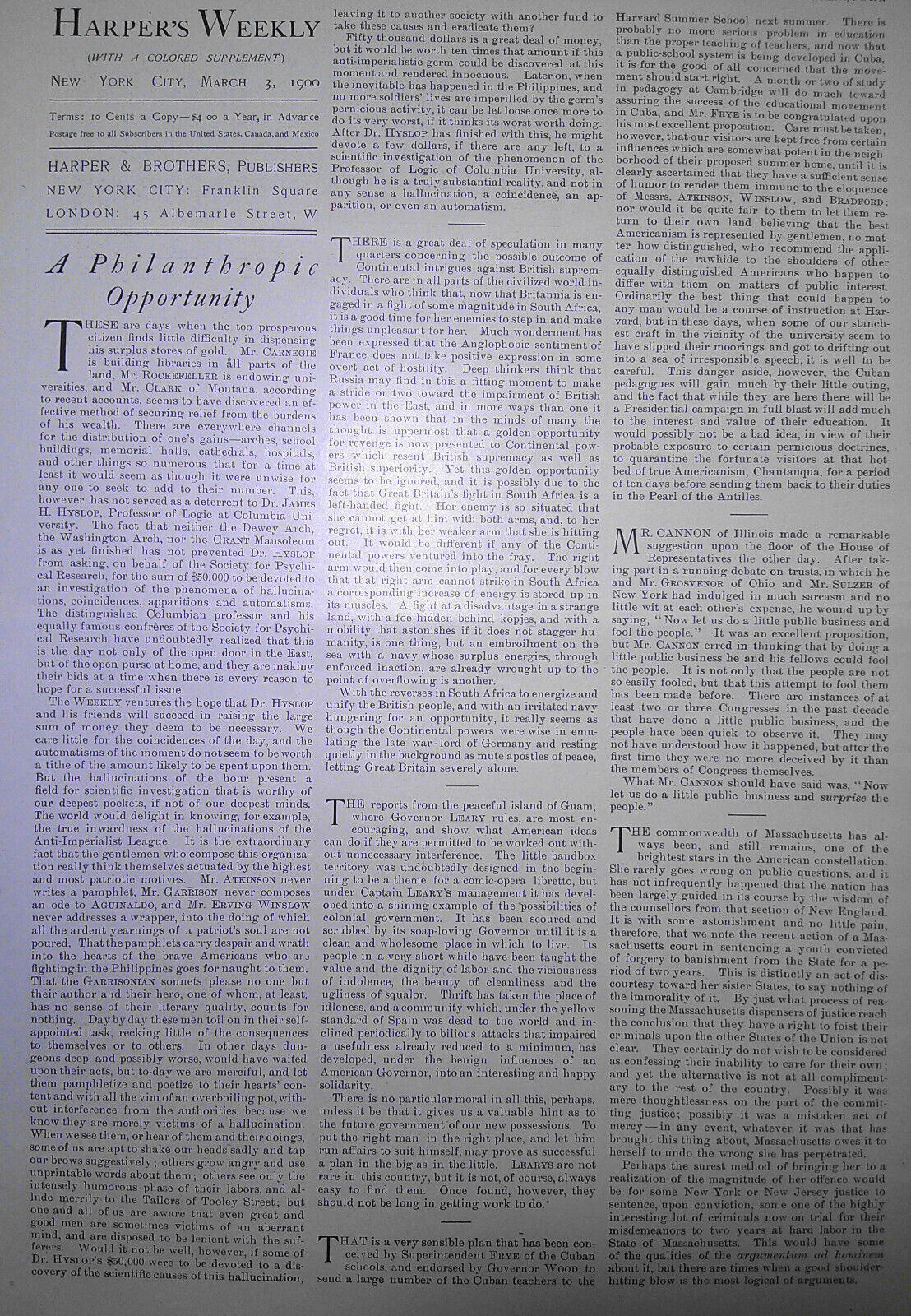 Harper's Weekly, March, 1900 - Wheaton's Exposition; South Africa War; Cuba; etc